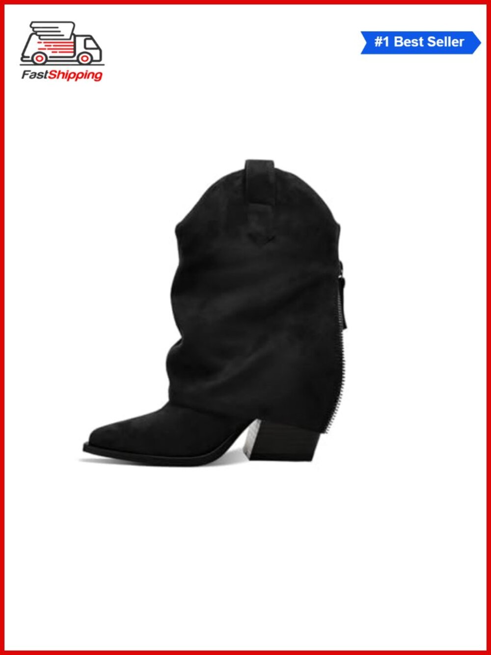 Womens Fold Over Ankle Boots Pointed Toe Chunky Heel Side Zipper Booties